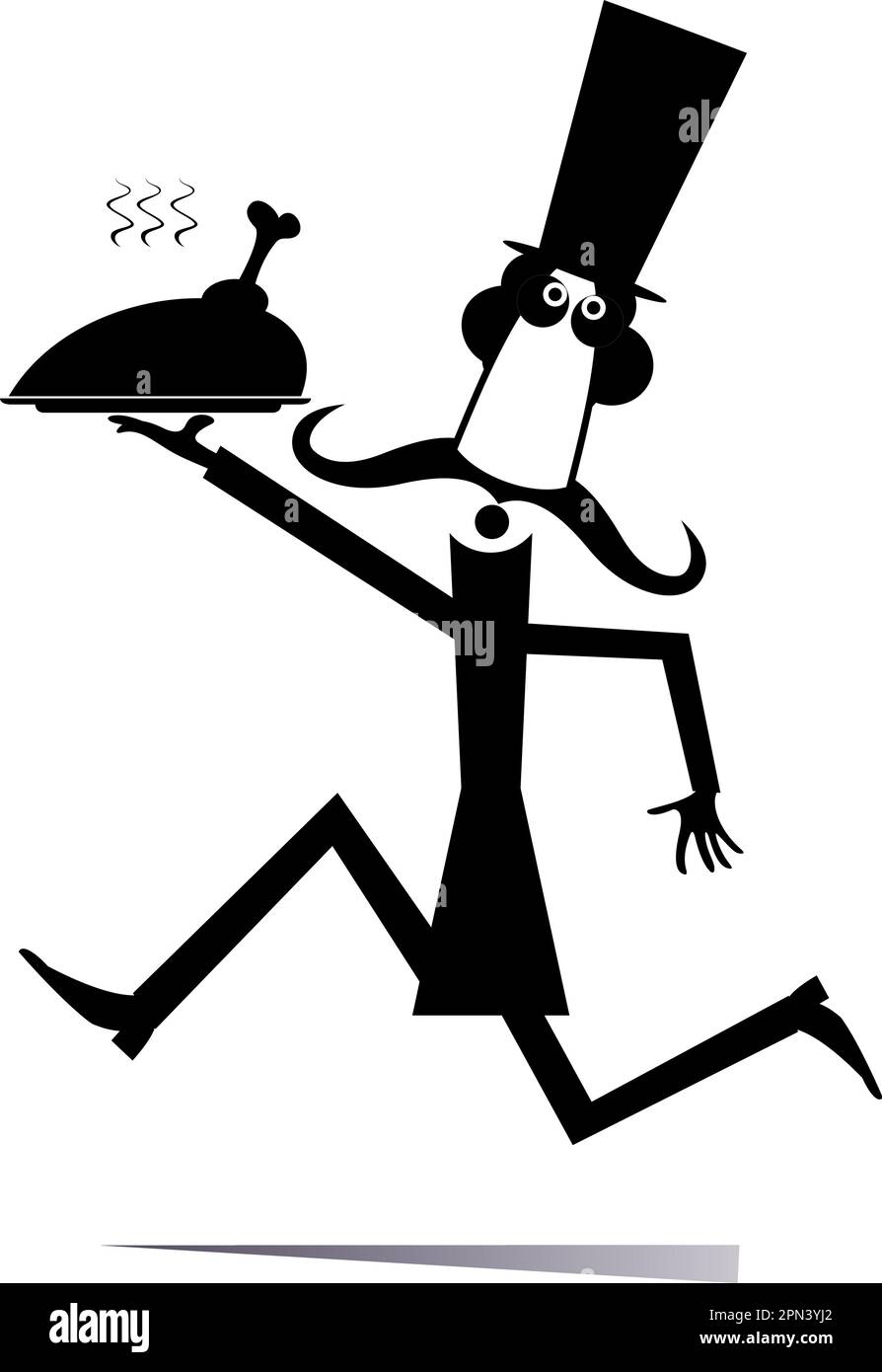 Man carries a tray with meat.  Running long mustache man in the top hat carries a tray with meat, duck or chicken. Black and white Stock Vector