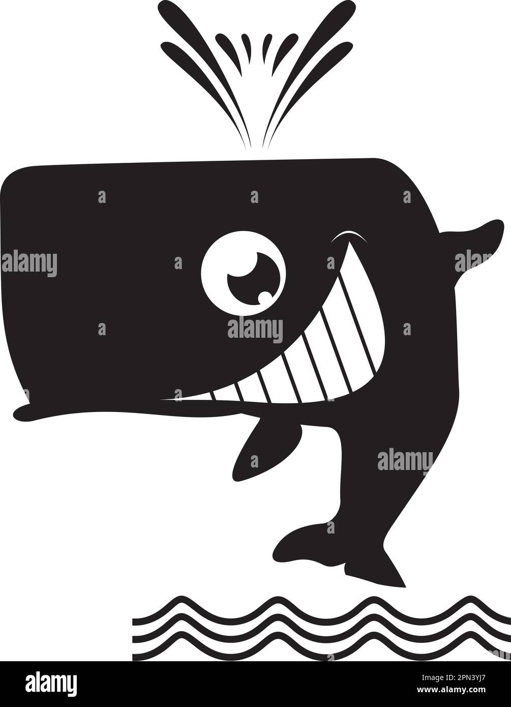 Cute whale.  Smiling cartoon whale. Black and white Stock Vector