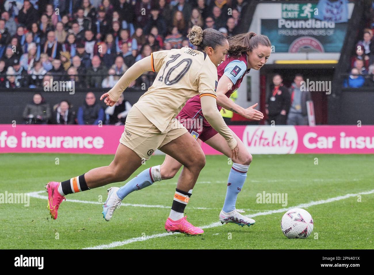 Walsall, UK. 16th Apr, 2023. Lauren James (10 Chelsea) and Danielle Turner (14 Aston Villa) battle for the ball during the Womens FA Cup semi final match between Aston Villa and Chelsea at Bescot Stadium in Walsall, England (Natalie Mincher/SPP) Credit: SPP Sport Press Photo. /Alamy Live News Stock Photo