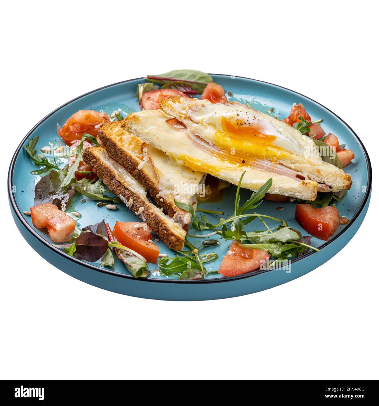 Restaurant breakfast menu concept, hot sandwiches with fried eggs, pork