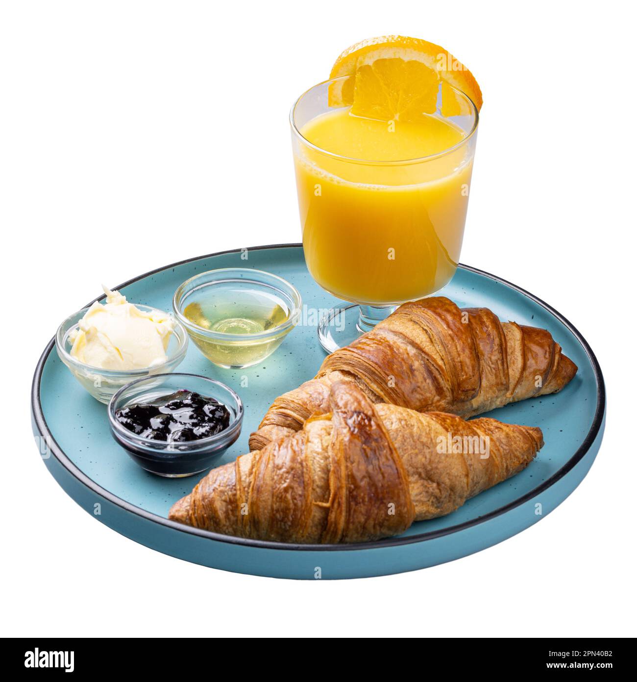 Restaurant breakfast menu concept. French breakfast with croissant, jam