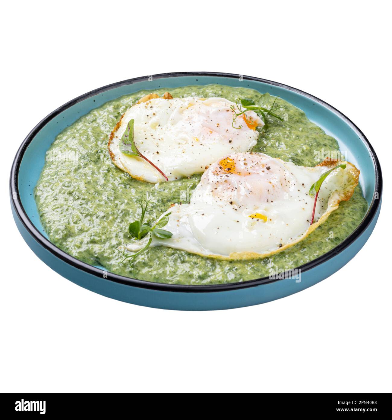 Spinach pottage vegetable dish with fried eggs, restaurant menu concept Stock Photo