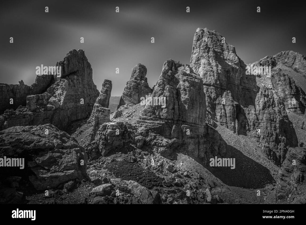 Black and white dolomite rocky scene with giant pinnacles in the