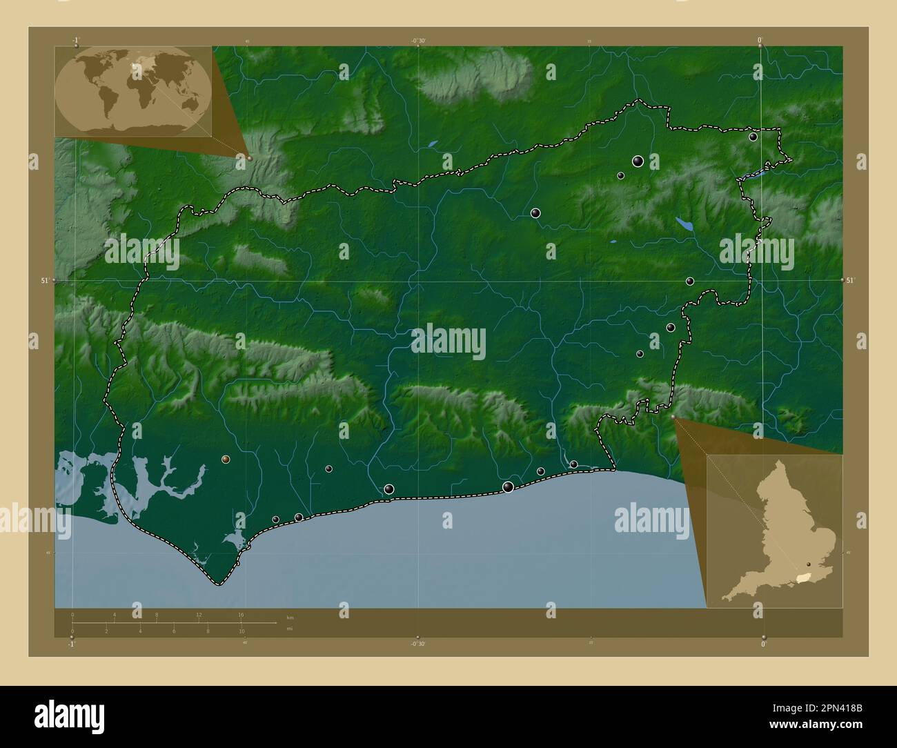 West Sussex, administrative county of England - Great Britain. Colored elevation map with lakes and rivers. Locations of major cities of the region. C Stock Photo