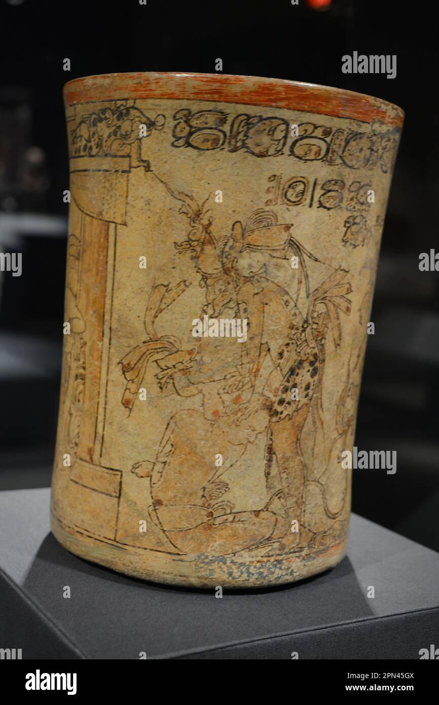 The different faces of the Maya chocolate-drinking cup known as Princeton Vase, Ceramic painted with stuco, Maya Culture. Princeton University Museum Stock Photo