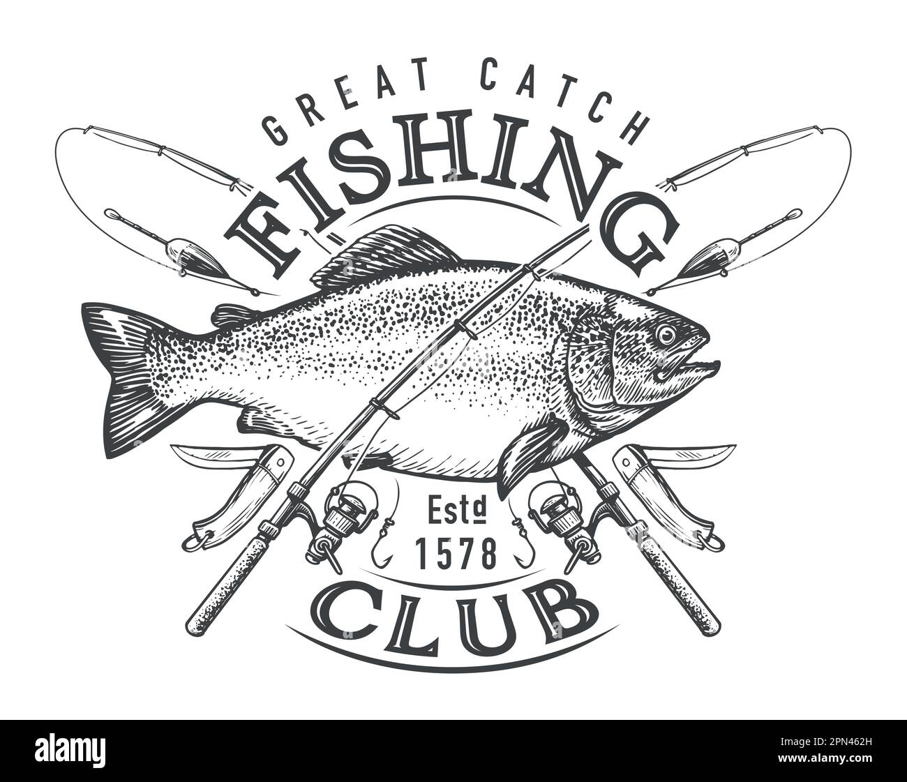 Fishing club emblem. Outdoor sports lifestyle concept. Great fish catch, sketch vector illustration Stock Vector