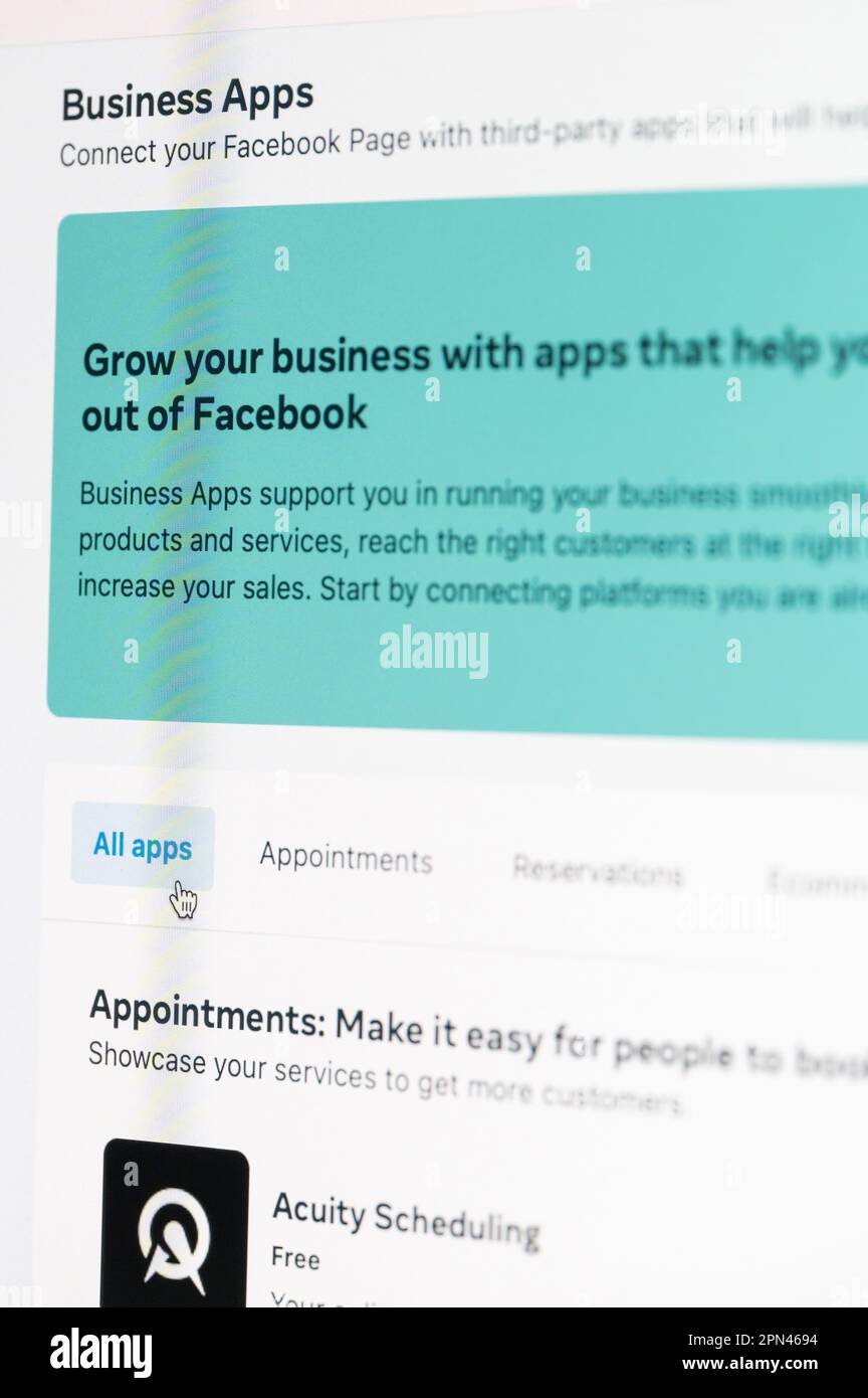 New york, USA - April 14, 2023: Business apps for facebook page on computer screen close up view Stock Photo