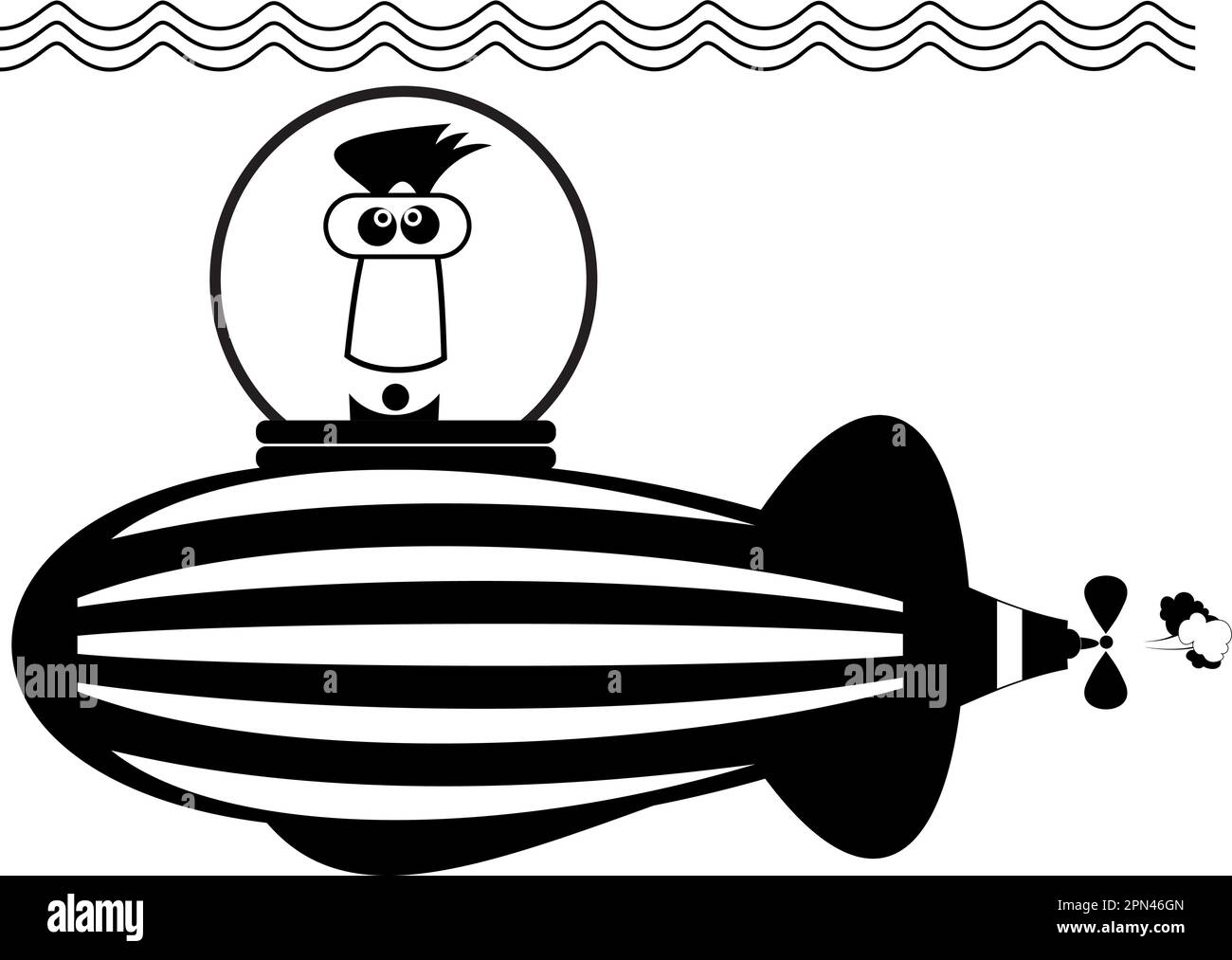 Funny man sailings on the submarine illustration. Cartoon man sailings on the submarine black on white Stock Vector