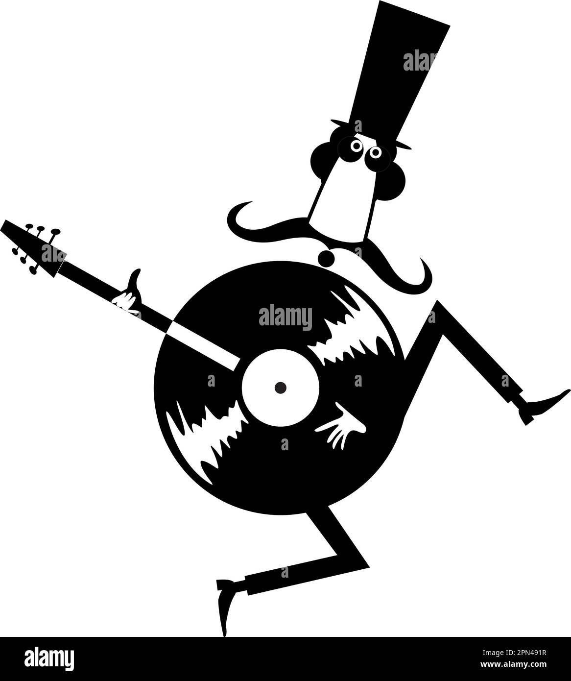 Funny mustache man in the top, guitar and vinyl record. Cartoon long