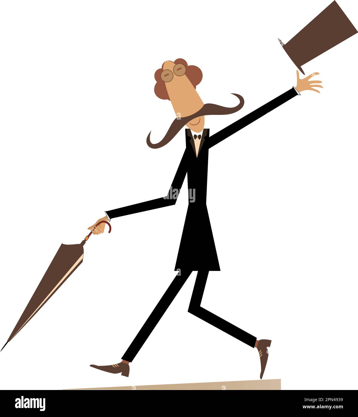 Walking mustache man in the top hat isolated illustration. Long