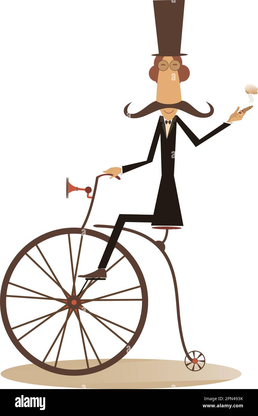 Cartoon man rides a bike. Gentleman with mustache, top hat and umbrella rides a retro bike and smoking a cigar Stock Vector