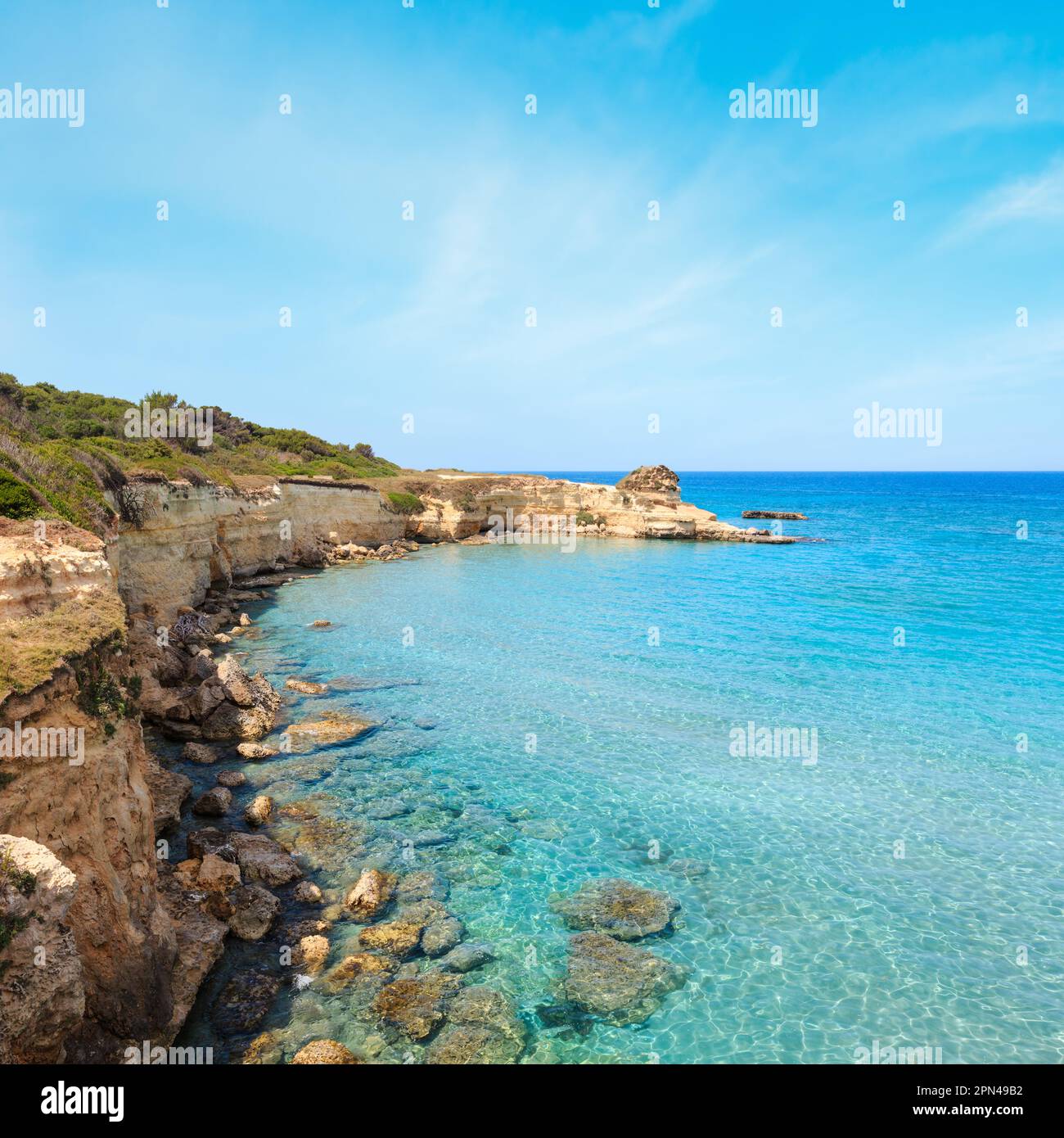 Picturesque seascape with white rocky cliffs, sea bay, islets and ...