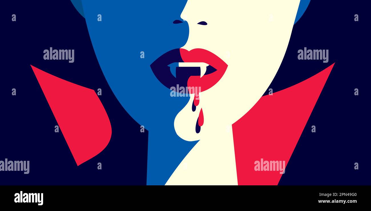 Close up of a vampire woman with fangs and dripping blood. Mythical