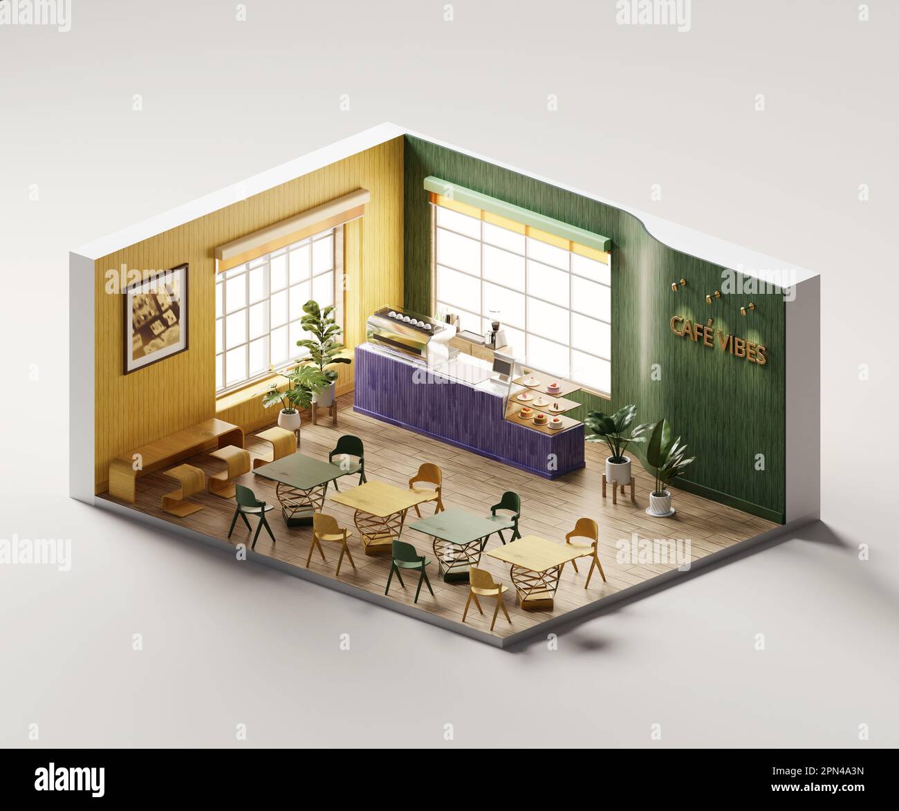 Isometric view minimal cafe store open inside interior architecture, 3d ...