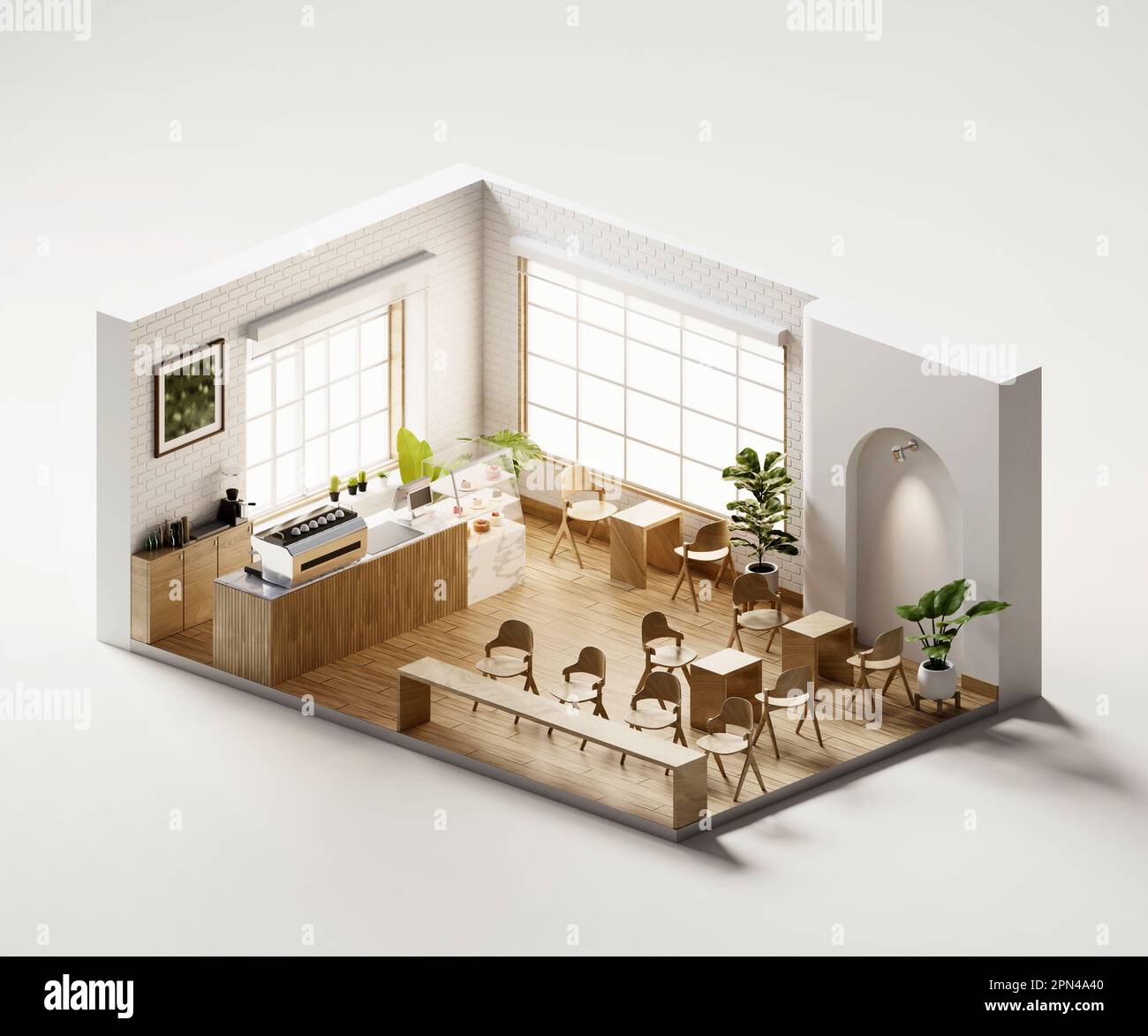 Isometric view minimal cafe store open inside interior