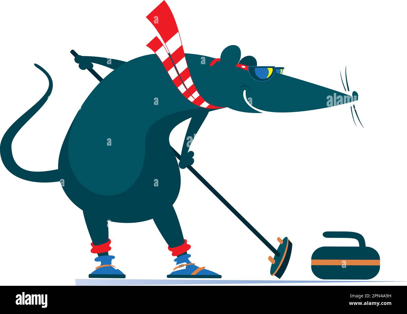 Rat or mouse plays curling illustration. Cartoon rat or mouse with a ...