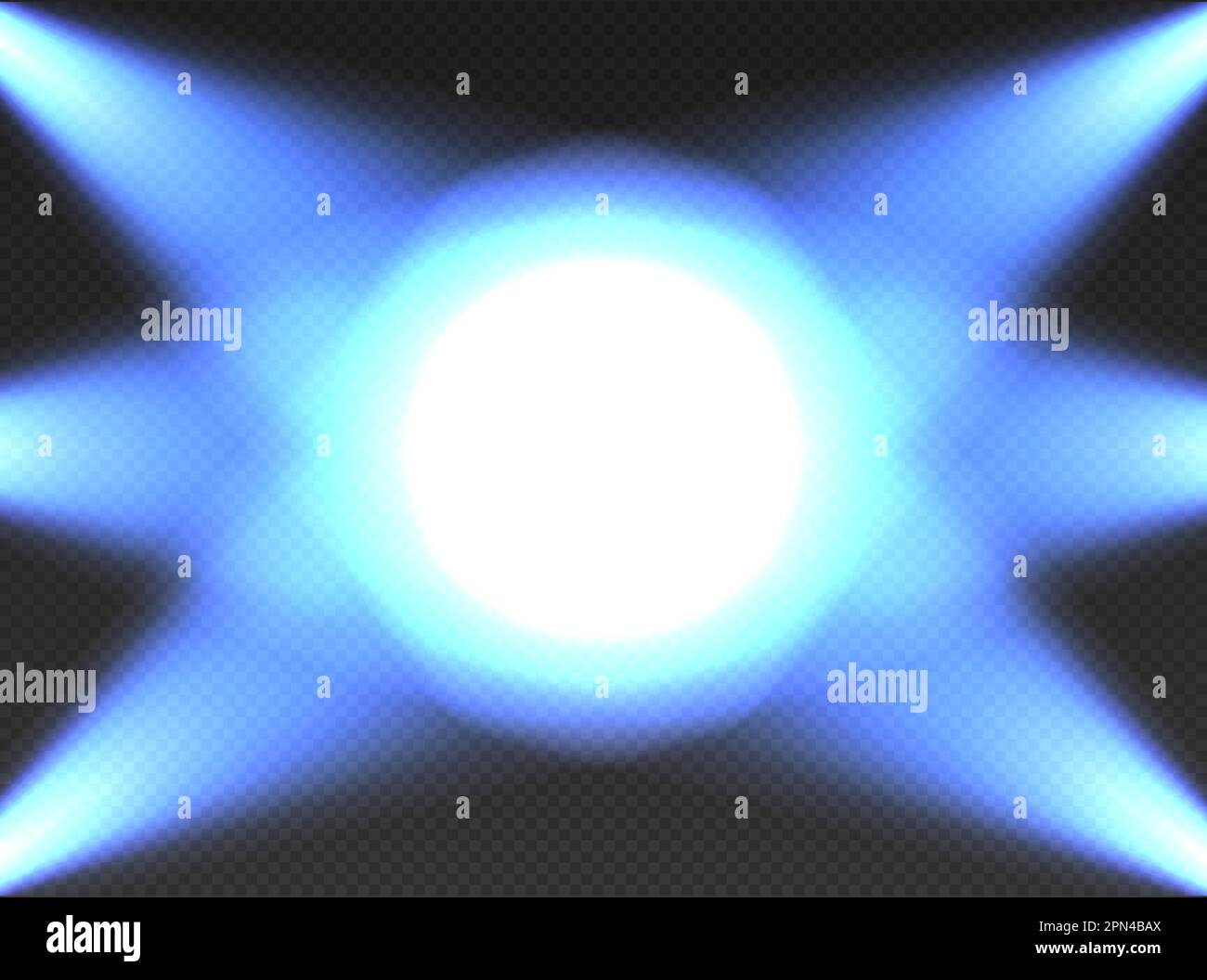 Six blue searchlights top view. Cone lights from bottom with darkened