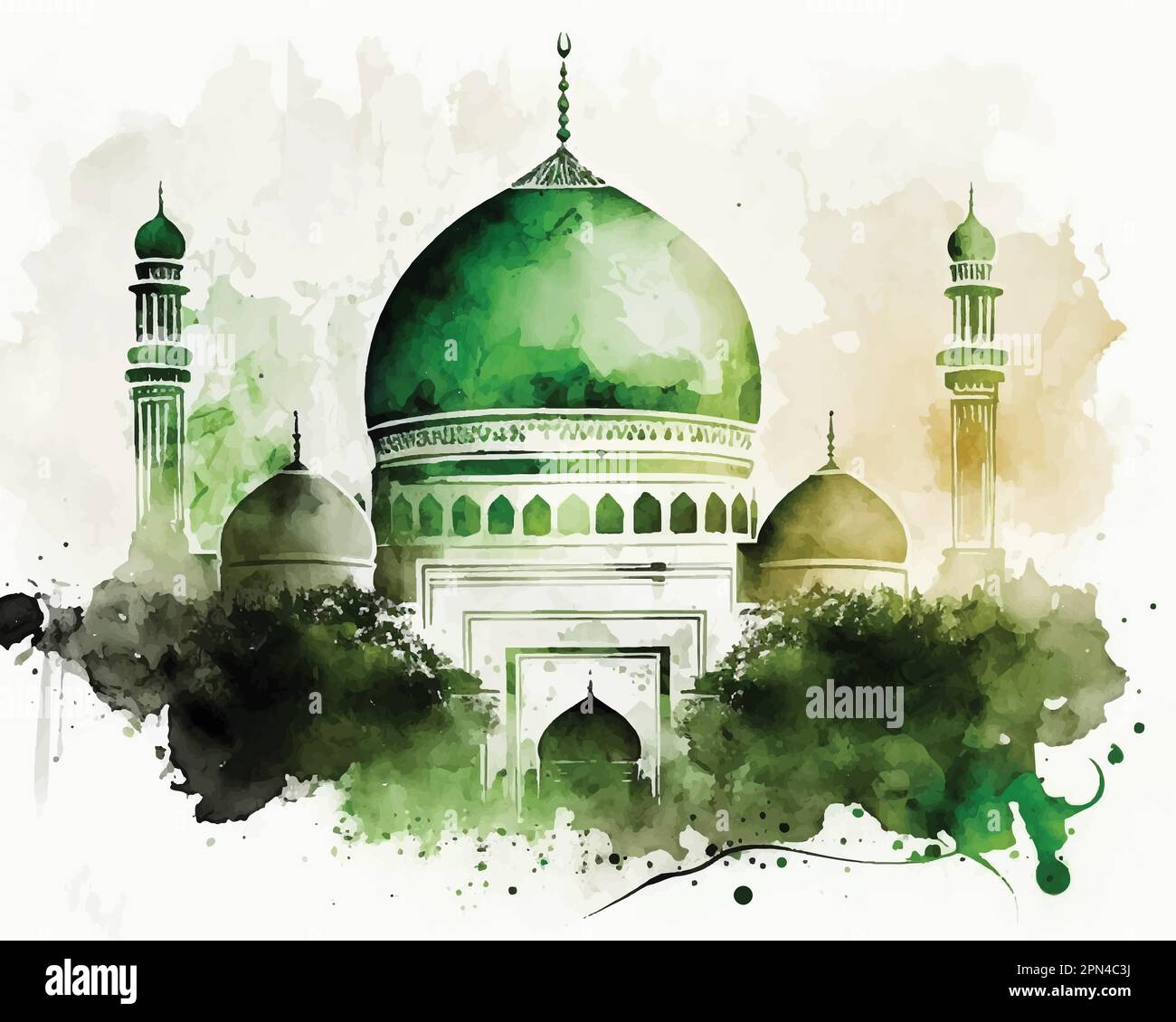 Islamic Art in Watercolor Mosques Palm trees moon Stock Vector Image