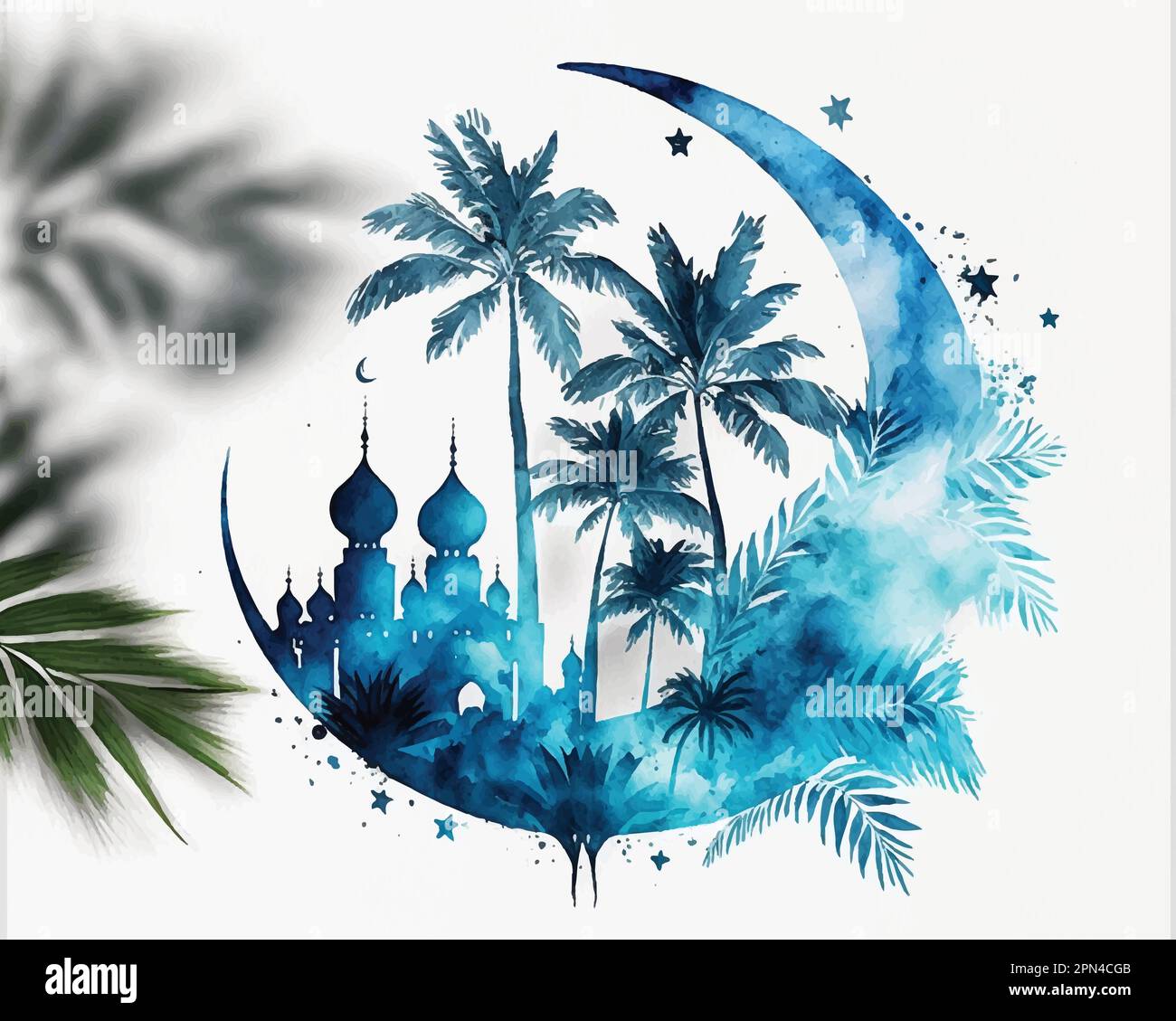 Islamic Art in Watercolor Mosques Palm trees moon Stock Vector Image