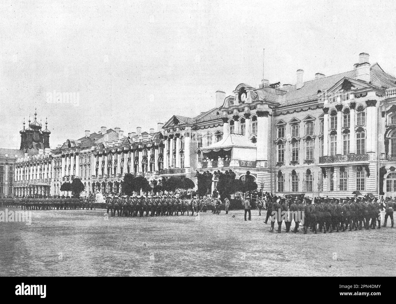 The passage of troops in a ceremonial march during the celebration of the 200th anniversary of the founding of Tsarskoye Selo on June 24, 1910. Photo from 1910. Stock Photo