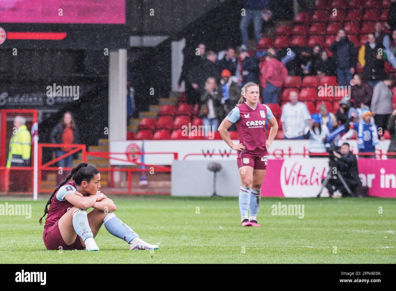 Walsall, UK. 16th Apr, 2023. Mayumi Pacheco (33 Aston Villa) dejected at full time of the Womens FA Cup semi final match between Aston Villa and Chelsea at Bescot Stadium in Walsall, England (Natalie Mincher/SPP) Credit: SPP Sport Press Photo. /Alamy Live News Stock Photo