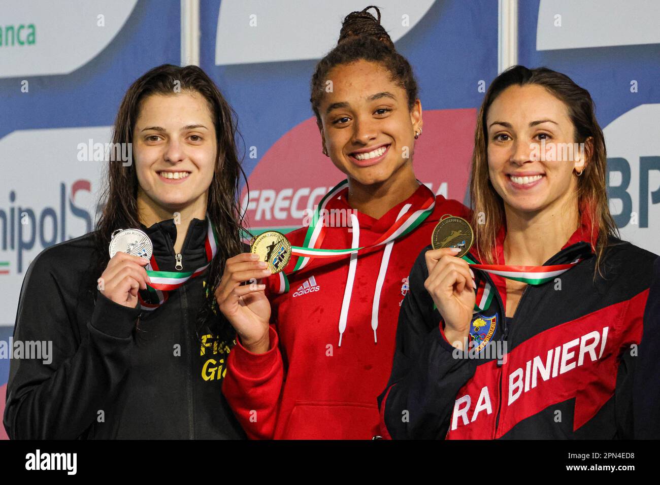 Riccione, Italy. 16th Apr, 2023. Curtis Sara (Team Dimensione Nuoto), Di Pietro Silvia (Centro Sp.vo Carabinieri), Cocconcelli Costanza (Fiamme Gialle) 50 freestyle female medal ceremony at the UnipolSai Absolute Italian Swimming Championship spring season 22/23 at Riccione (Italy) on 16th of April 2023 Credit: Independent Photo Agency/Alamy Live News Stock Photo