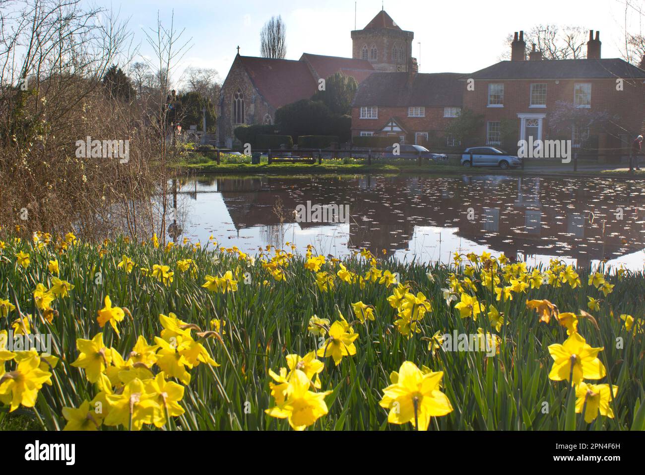 Winter in Chiddingfold village & St Mary's church over the pond, Surrey