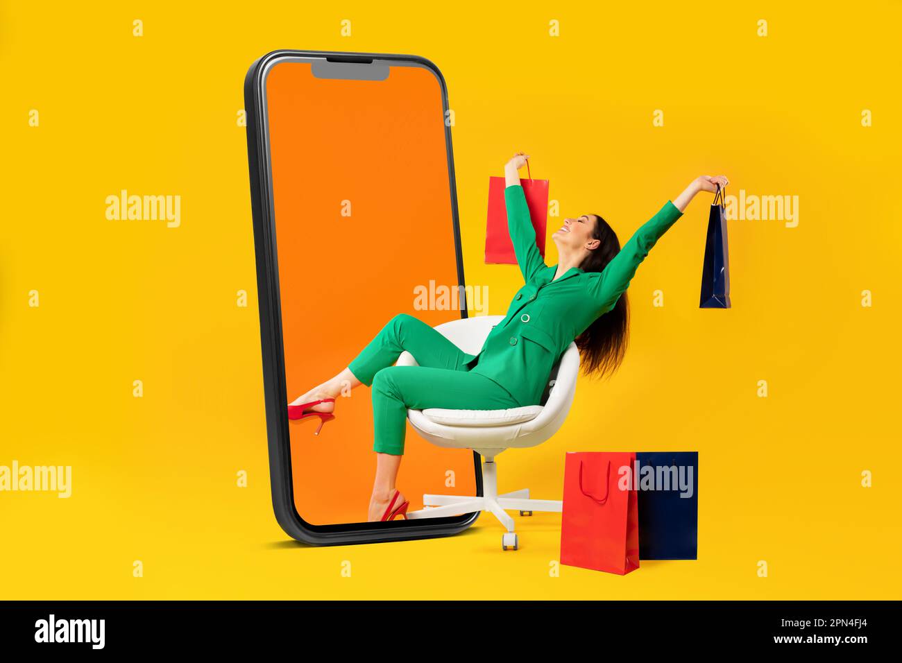 Excited female shopaholic sitting on chair with shopper bags near giant