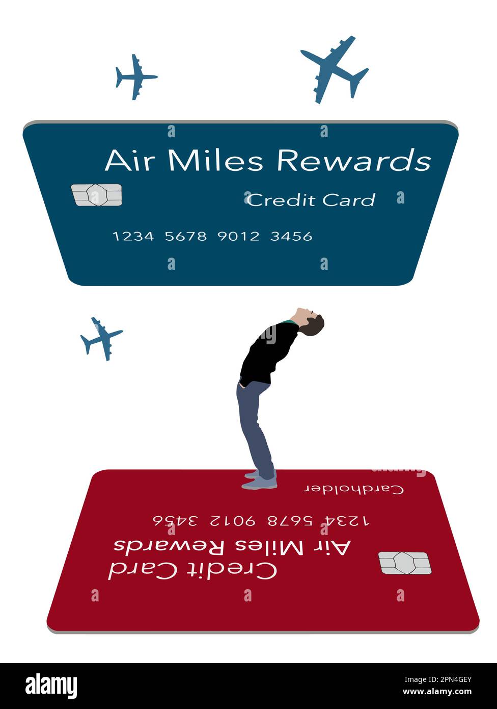 Here is a generic, mock, air miles rewards credit card that is realistic in design and it is a vector illustration. A man looks at cards and airplanes. Stock Vector