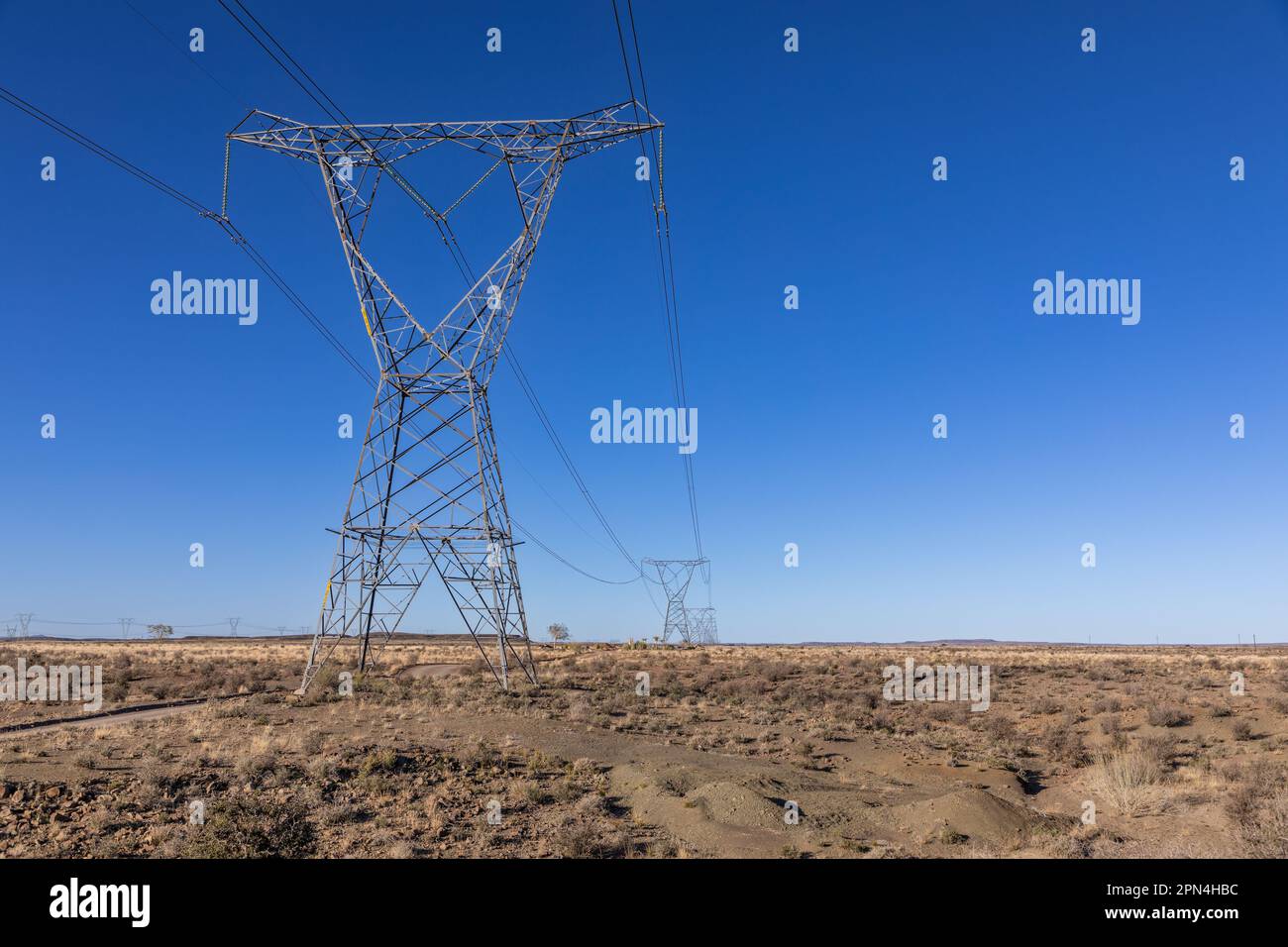 High voltage electricity transmission pylons going into the distance in the Karoo area of South Africa Stock Photo