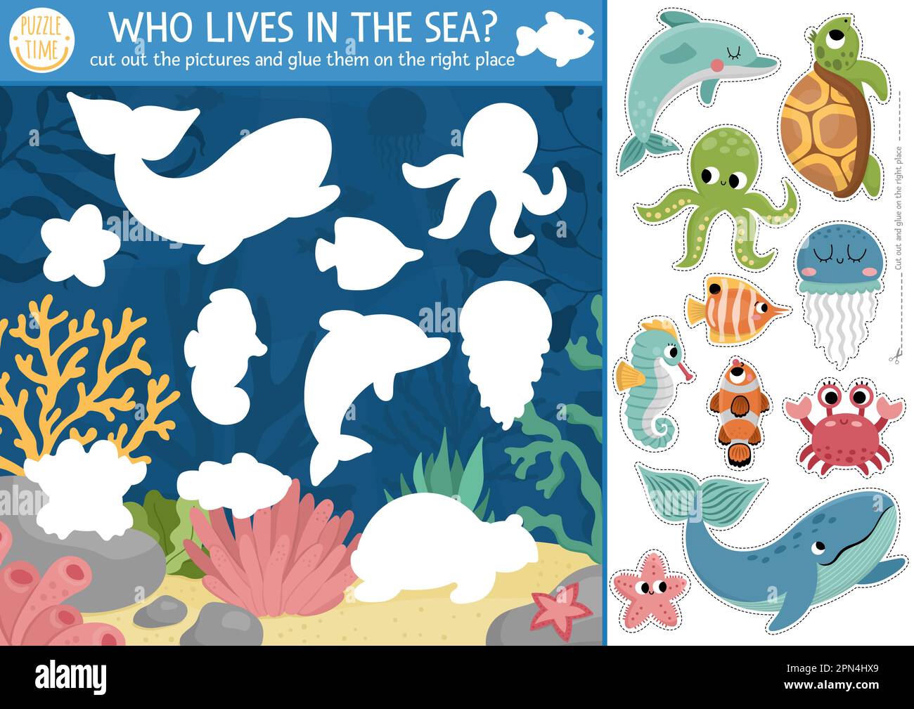 Vector under the sea cut and glue activity. Crafting game with cute water landscape, whale, dolphin. Fun ocean life printable worksheet for kids. Find Stock Vector