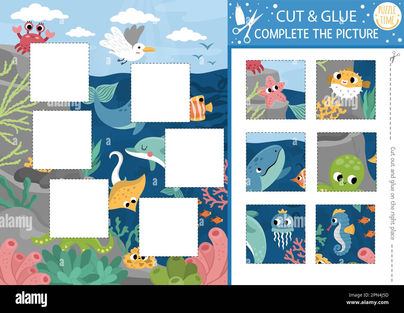 Vector under the sea cut and glue activity. Crafting game with cute water landscape, seagull. Fun ocean life printable worksheet for kids. Find the ri Stock Vector