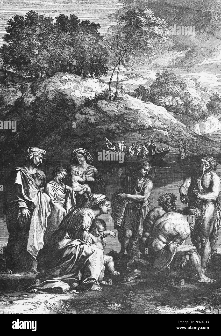 John the Baptist preaches panace and baptizese at Jordan River, Matthew, chapter3, verses 1- bible, New Testament, historical Illustration 1890 Stock Photo