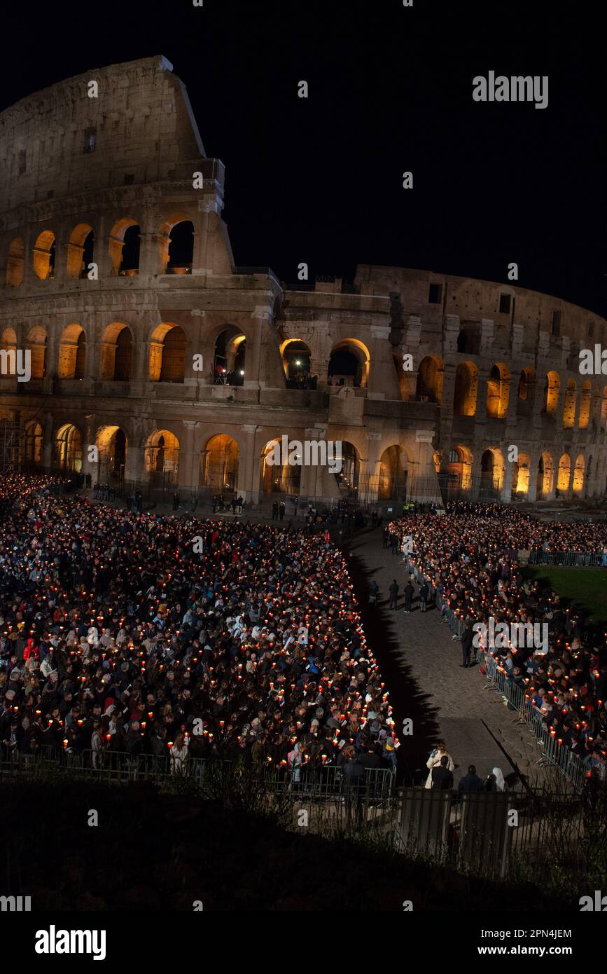 April 07, 2023 - Rome, Italy: Via Crucis (Way of the Cross) on Good Friday, Pope Francis followed the Colosseum appointment from Casa Santa Marta to avoid further health problems just days after being admitted to Gemelli Hospital. © Andrea Sabbadini Stock Photo