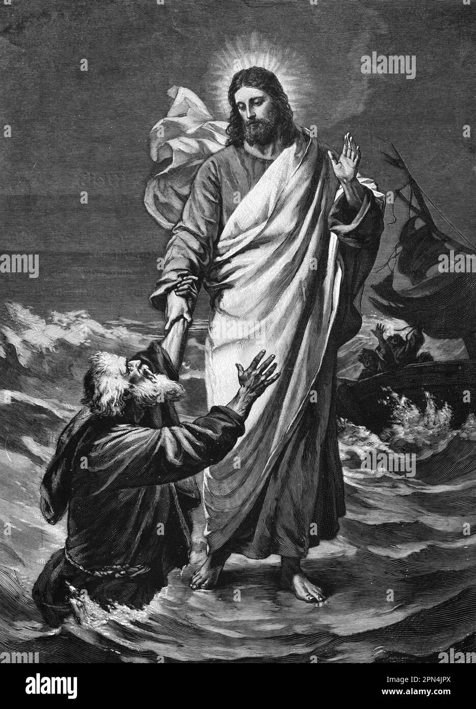 Jesus walking on the water, bible, New Testament, Matthew, chapter 14 , verses 22-33, historical Illustration 1890 Stock Photo