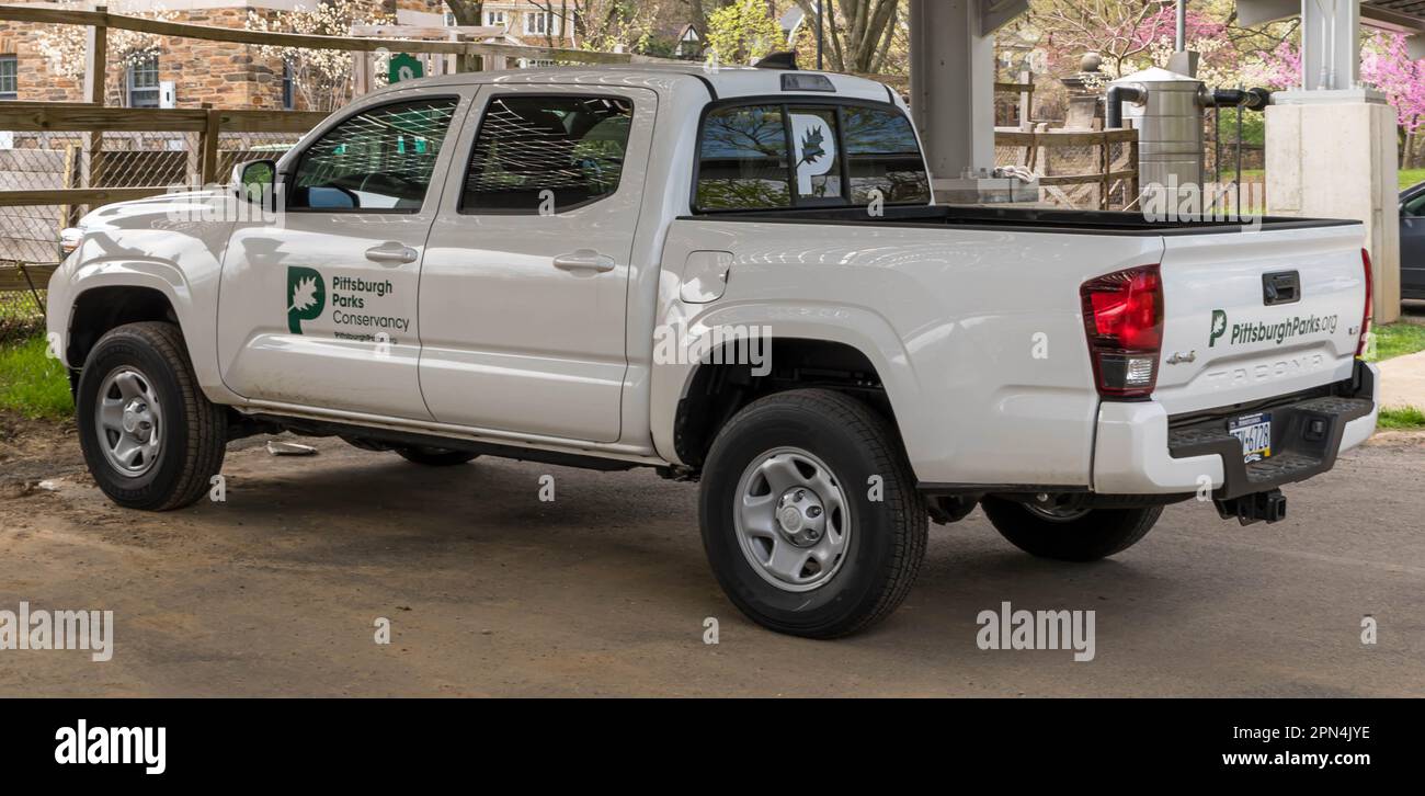 A truck, owned and used by The Pittsburgh Parks Conservancy, parked in