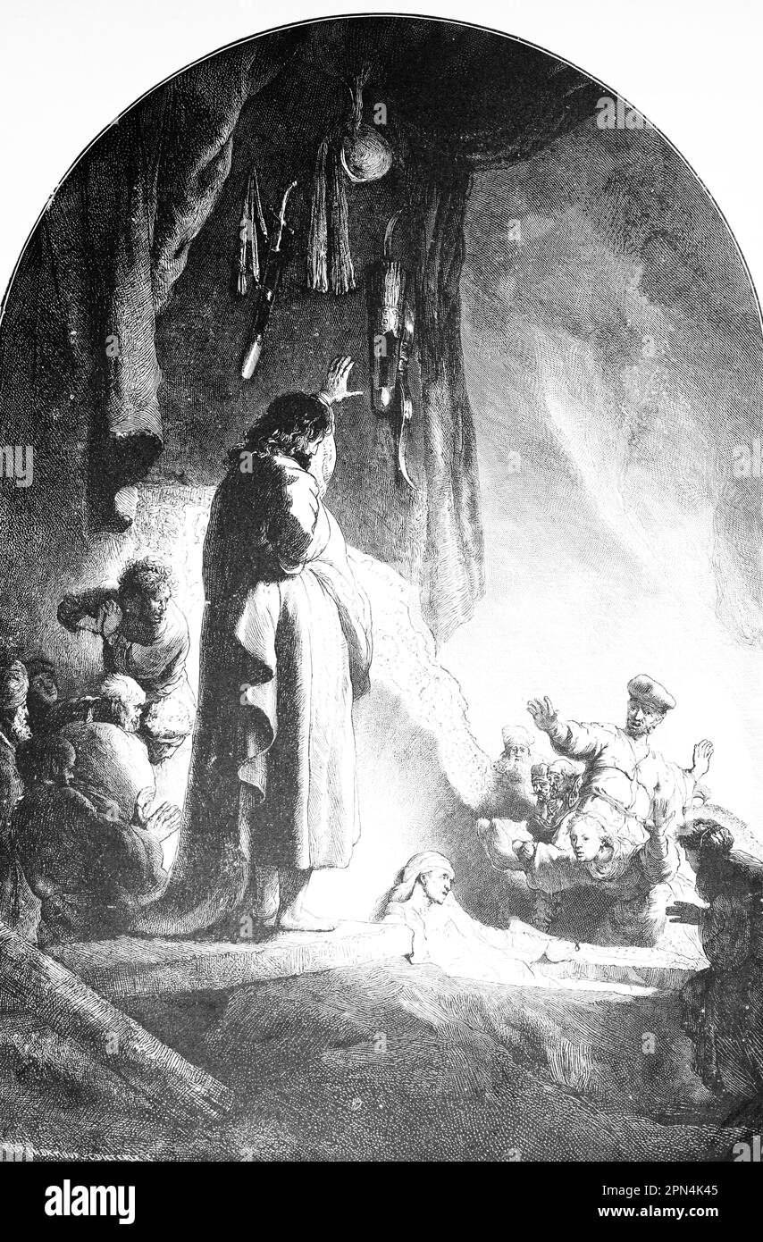 Jesus raises Lazarus from the dead, bible, New Testament, John chapter 11, verses 1-45, according to Rembrandt,  historical Illustration 1890 Stock Photo