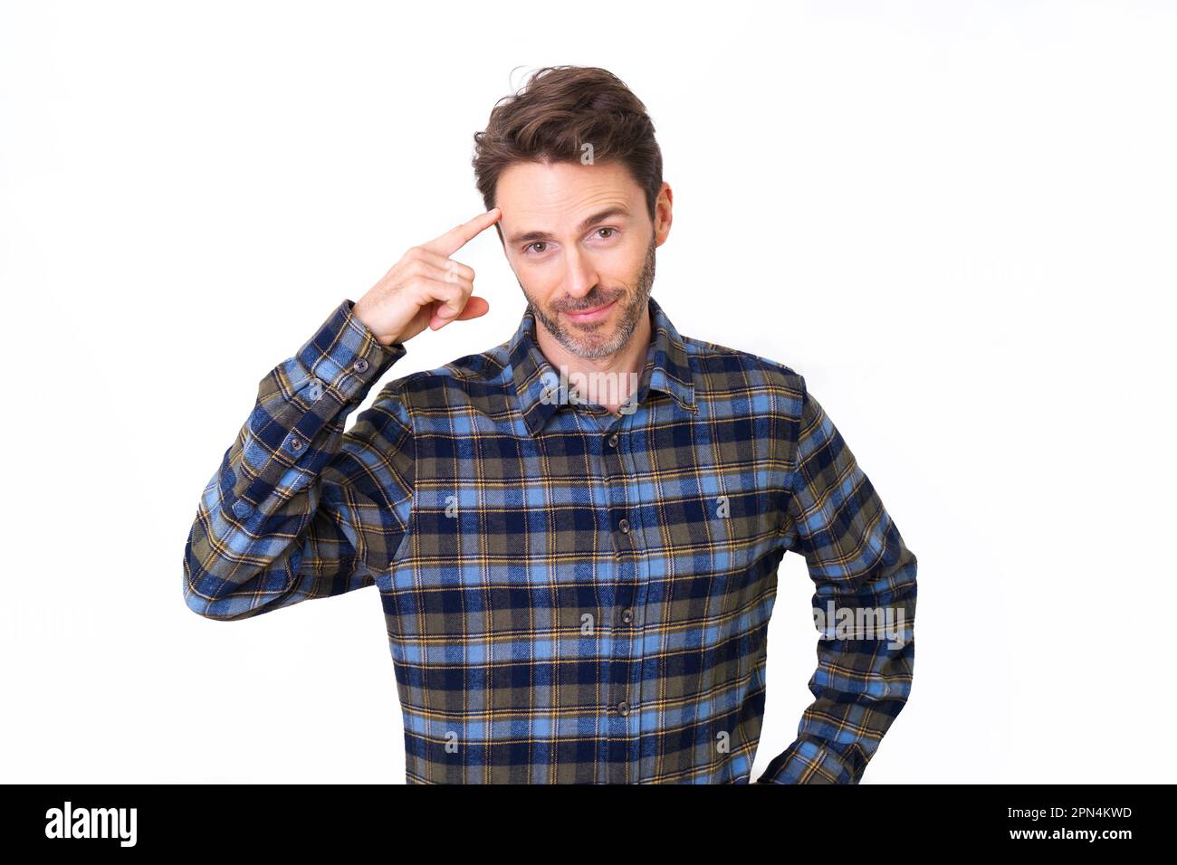 Adult hipster male model posing in a plait shirt with a crazy expression Stock Photo