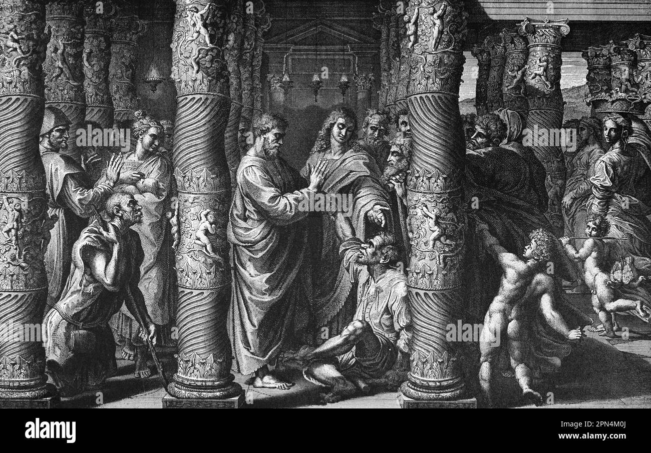 Healing of the Lame Man, after Raphael, bible, New Testamentr ,Acts of he Apostles, Act 3, Verses 1-18, historical Illustration 1890 Stock Photo