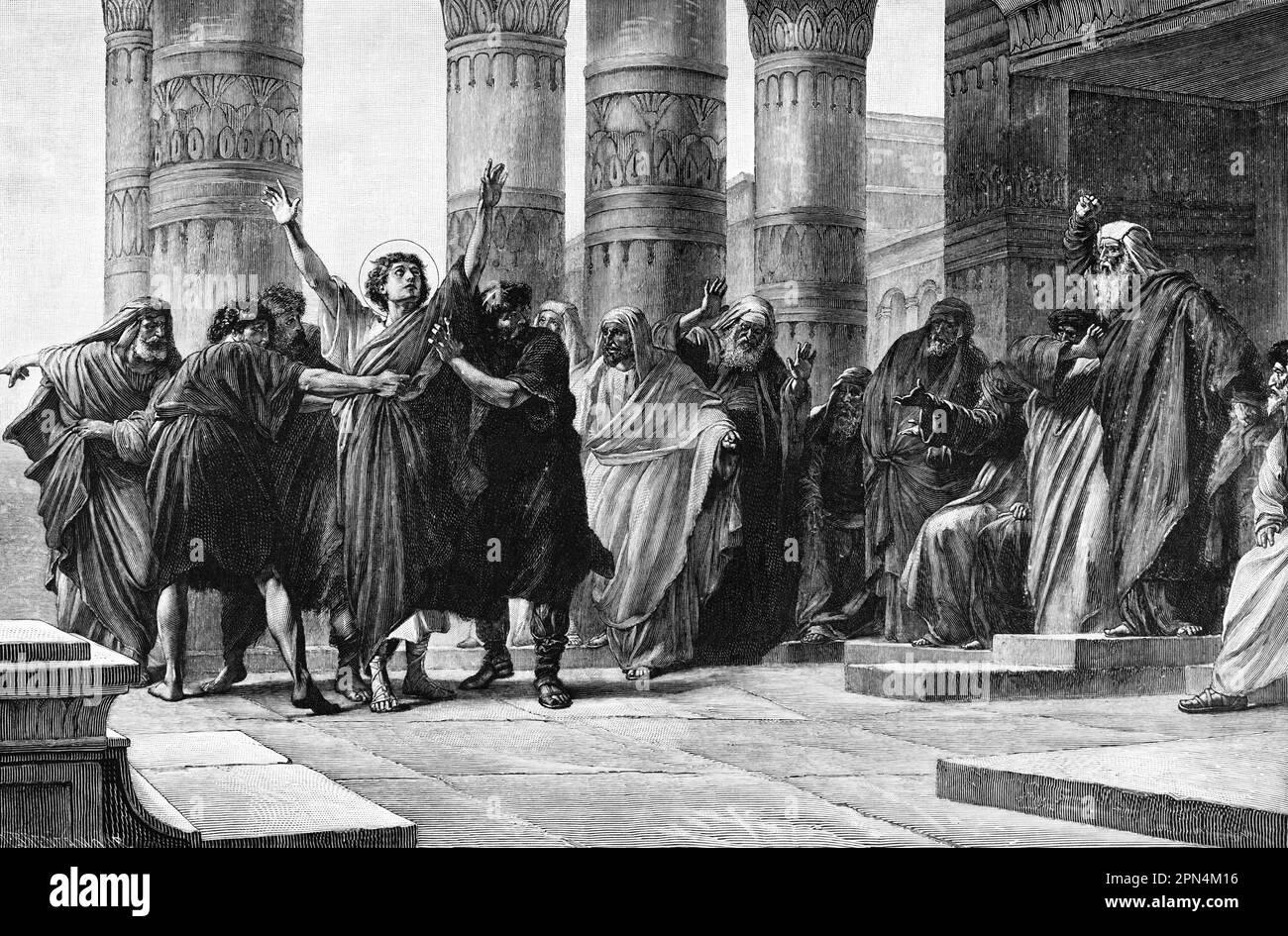 Saint Stephen or Stephanus led before the sanhedrin, bible, New Testament, Acts of the Apostles, Act 6, verses 1-15, historical Illustration 1890 Stock Photo