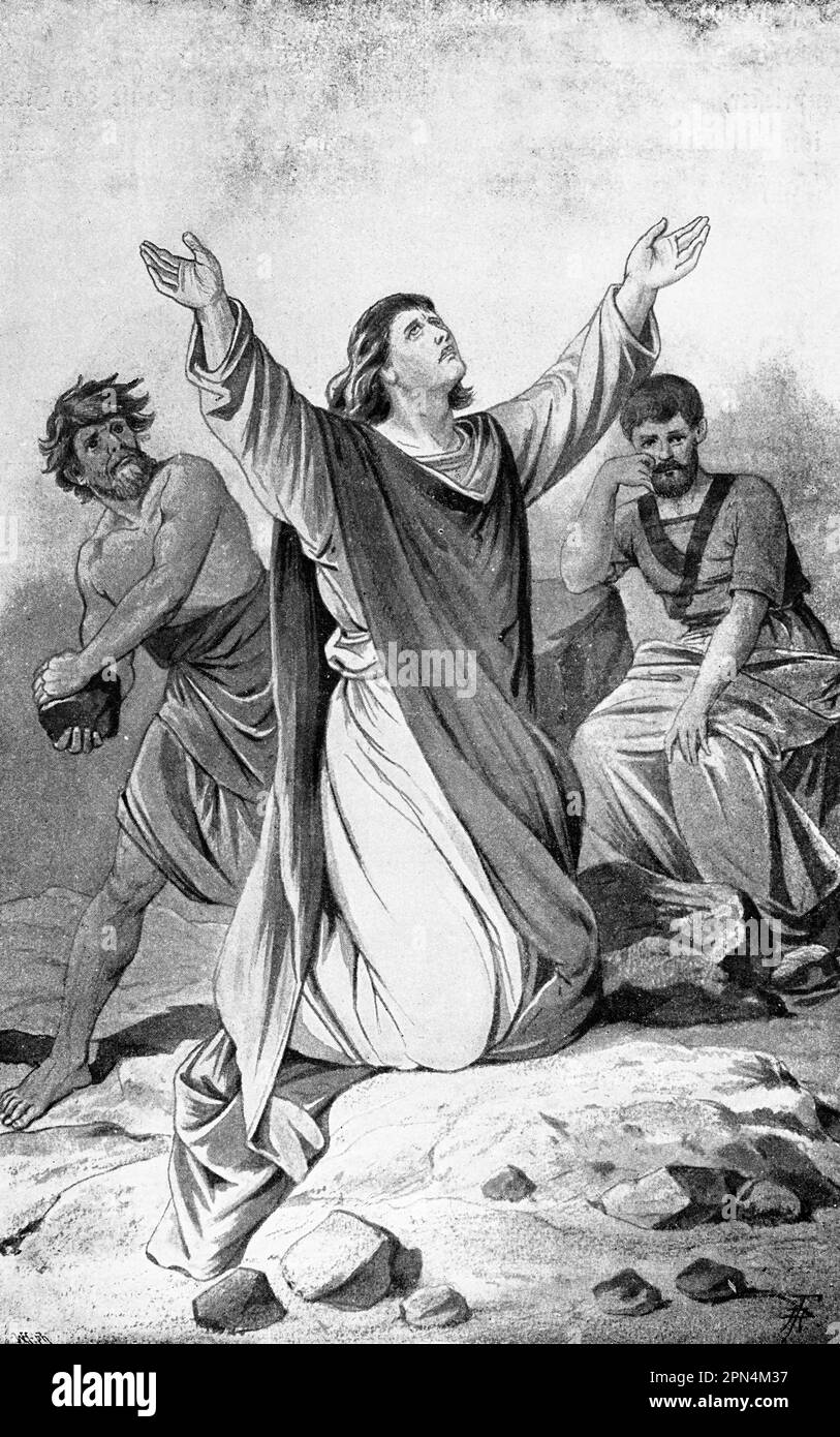 Martyrdom of Saint Stephen or Stephnaus, bible, New Testament, Acts of the Apostles Act 7 , verses 51-59 an Act 8 Verses 1-4,  Illustration 1890 Stock Photo