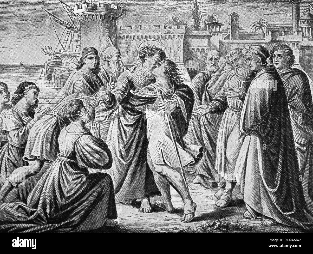 On his missionary travels Paul leaves Miletus, bible, New Testament, Acts of the Apostles,chapter  20, verses 17-38, historical Illustration 1890 Stock Photo