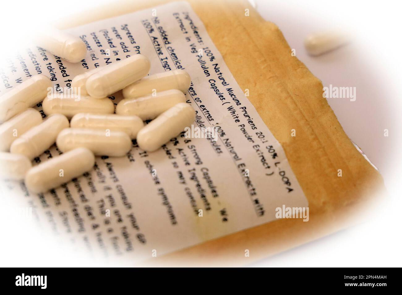 Mucuna pruriens herbal supplement capsules and packet Stock Photo