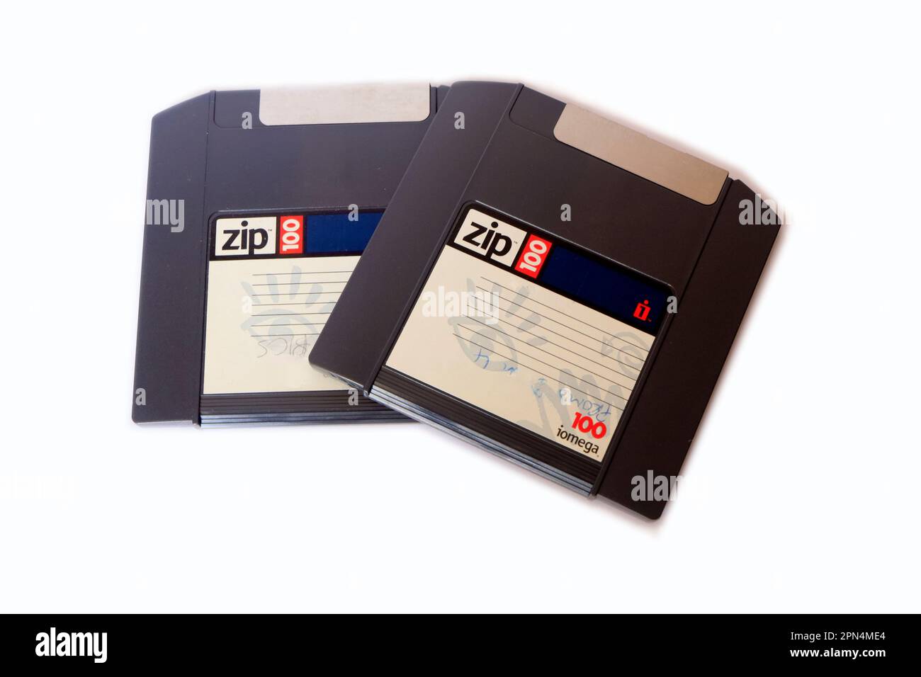 Two Iomega zip 100 disc /disk storage. IBM compatible. cym Stock Photo
