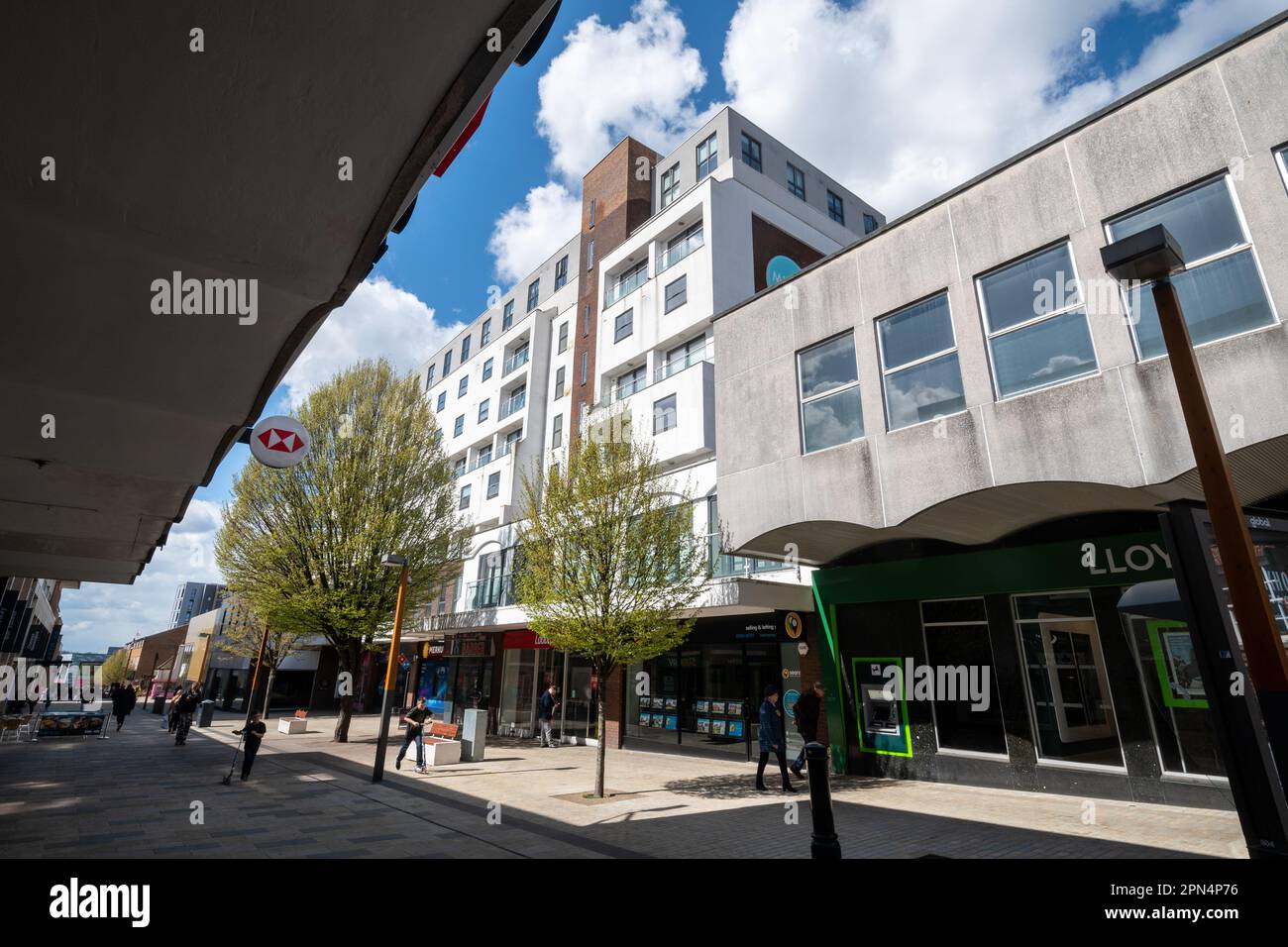 View of Bracknell High Street with people walking past town centre