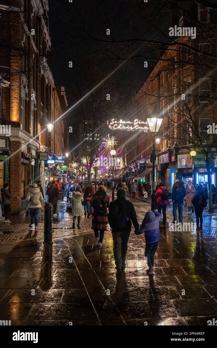 Monmouth Street at night with Xmas lights, Covent Garden, London, UK Stock Photo