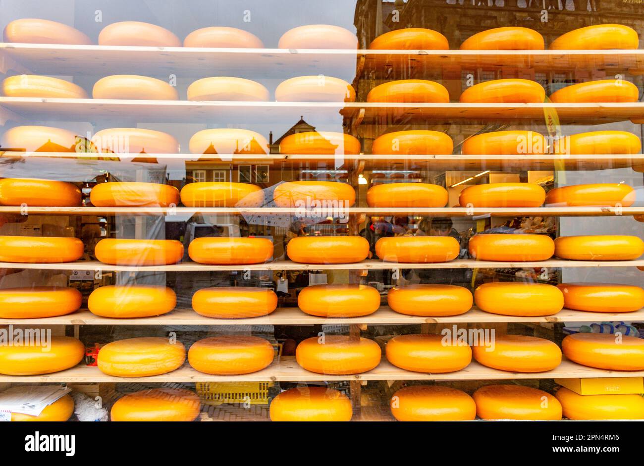 Stacked cheeses in window of Henri Willig Kaas cheese shop, Markt, Delft, South Holland Province, Kingdom of the Netherlands Stock Photo