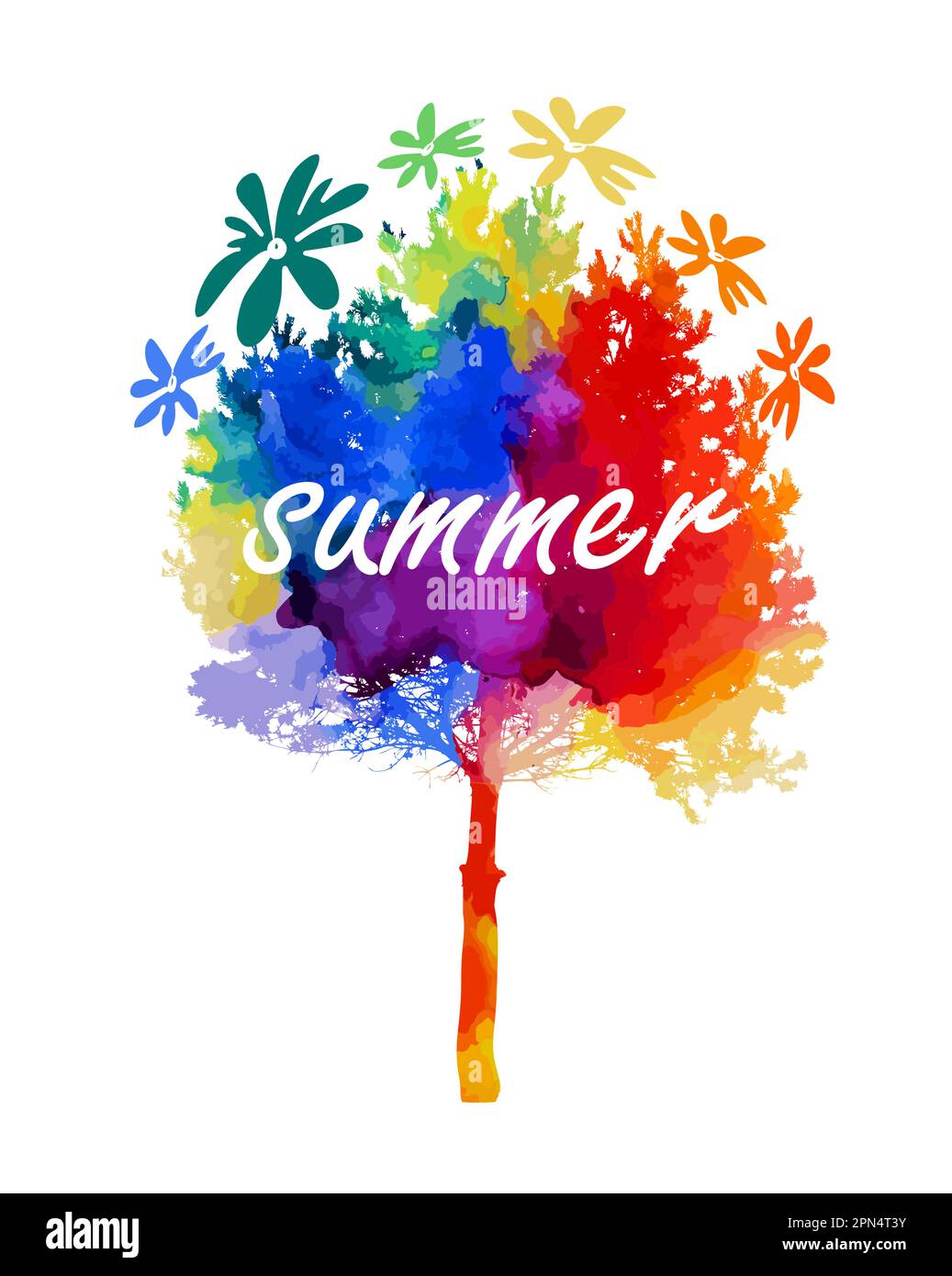 Abstract multicolored tree. Summer rainbow tree. Mixed media. Vector
