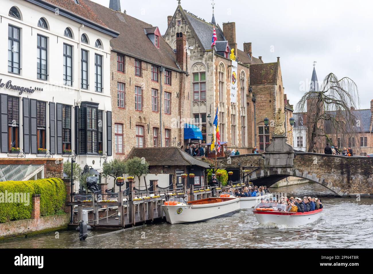 Canal sightseeing boat at De Dijver, Bruges (Brugge), West Flanders Province, Kingdom of Belgium Stock Photo