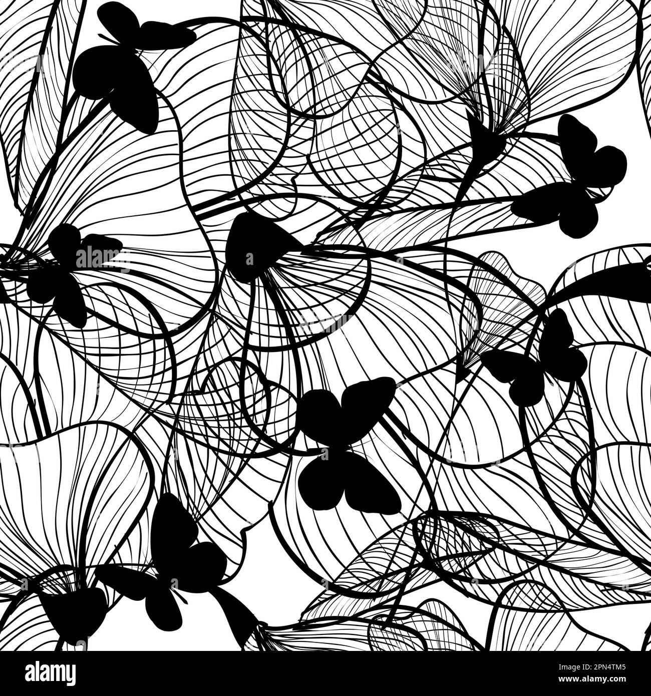 Monochrome seamless background with flowers and black butterflies ...